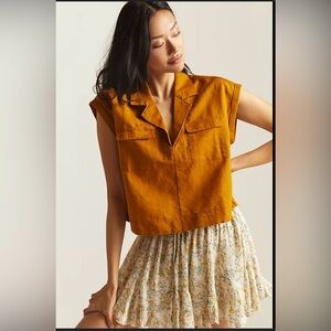 Anthropologie Women’s Mustard Cropped Utility Linen Blend Popover Top Size XS